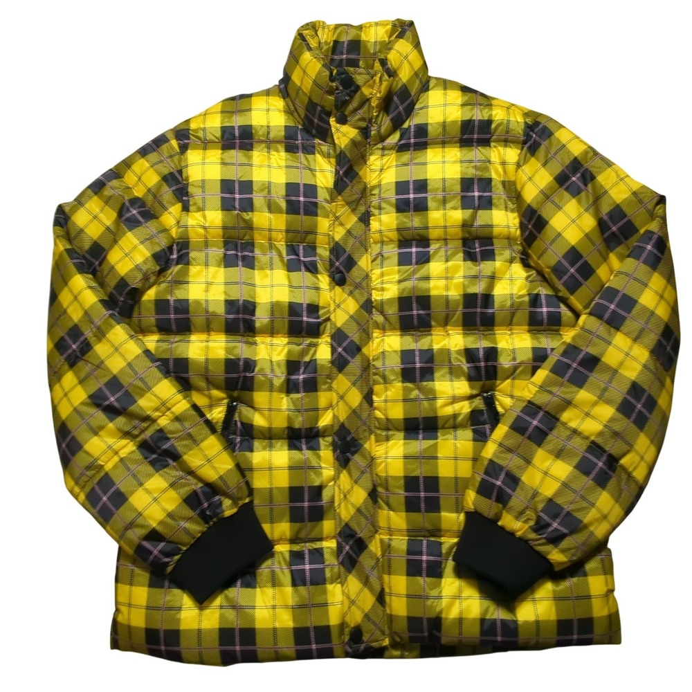 Forever 21 Men Yellow Black Plaid Puffer Jacket Small Checkered Quilted Coat NEW